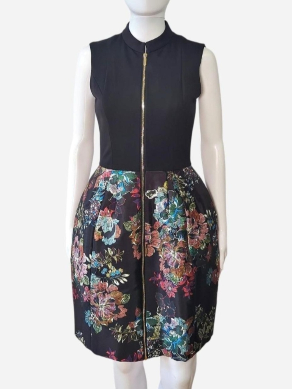 Ted Baker black floral print sleeveless dress with gold zipper in front Size 1